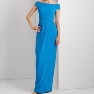 Lauren Ralph Lauren crepe off-the-shoulder gown in blue Size 8